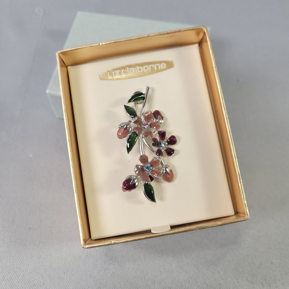 Liz Claiborne Floral Brooch Enamel Rhinestone Silver Tone Pin New In Box